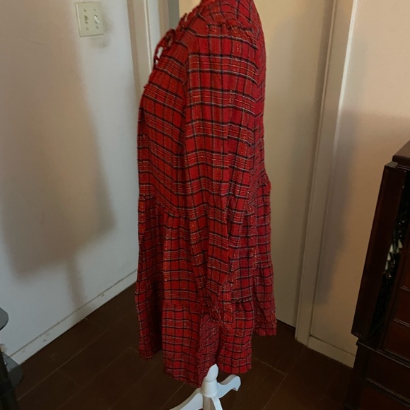 LOFT Ann Taylor Shimmer Red Plaid Tiered mini Dress size large gold buttons tie - Picture 8 of 16